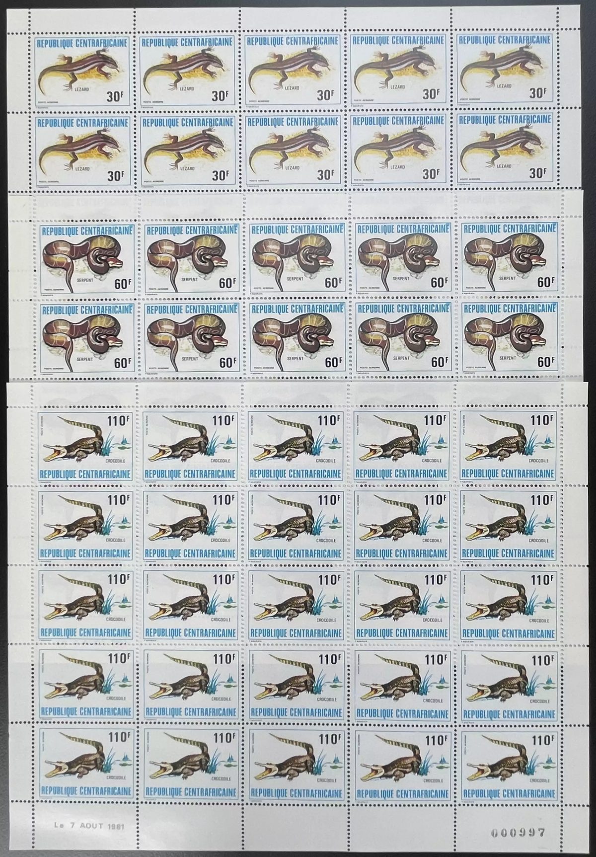 Zentralafrika 1981 YT PA 240-242 Bogen Eidechsen Schlangen Krokodile Reptilien