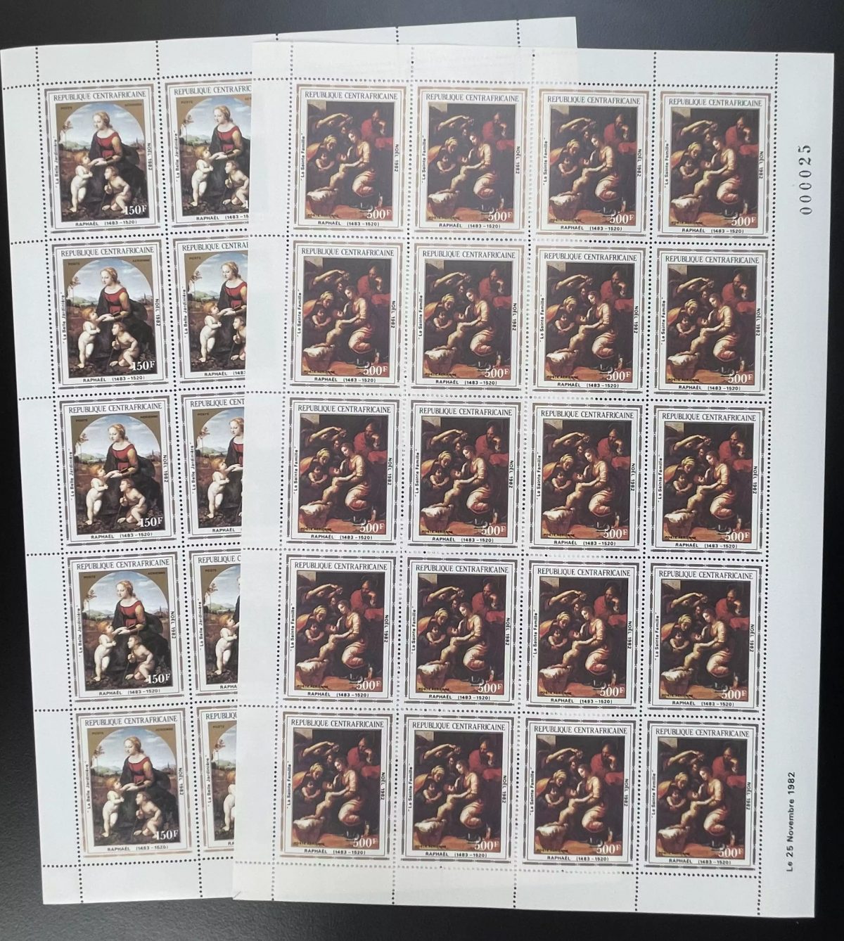 Centrafricaine 1982 YT PA 261-262 planche Raphael peintures art religieux