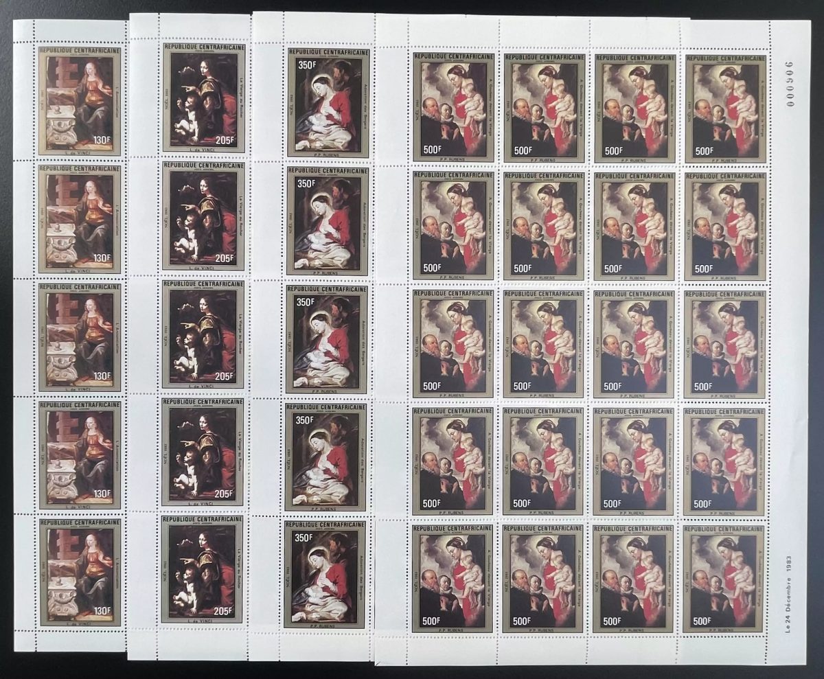 Centrafricaine 1983 YT PA 294-297 planche Noël peintures religion Vinci Rubens