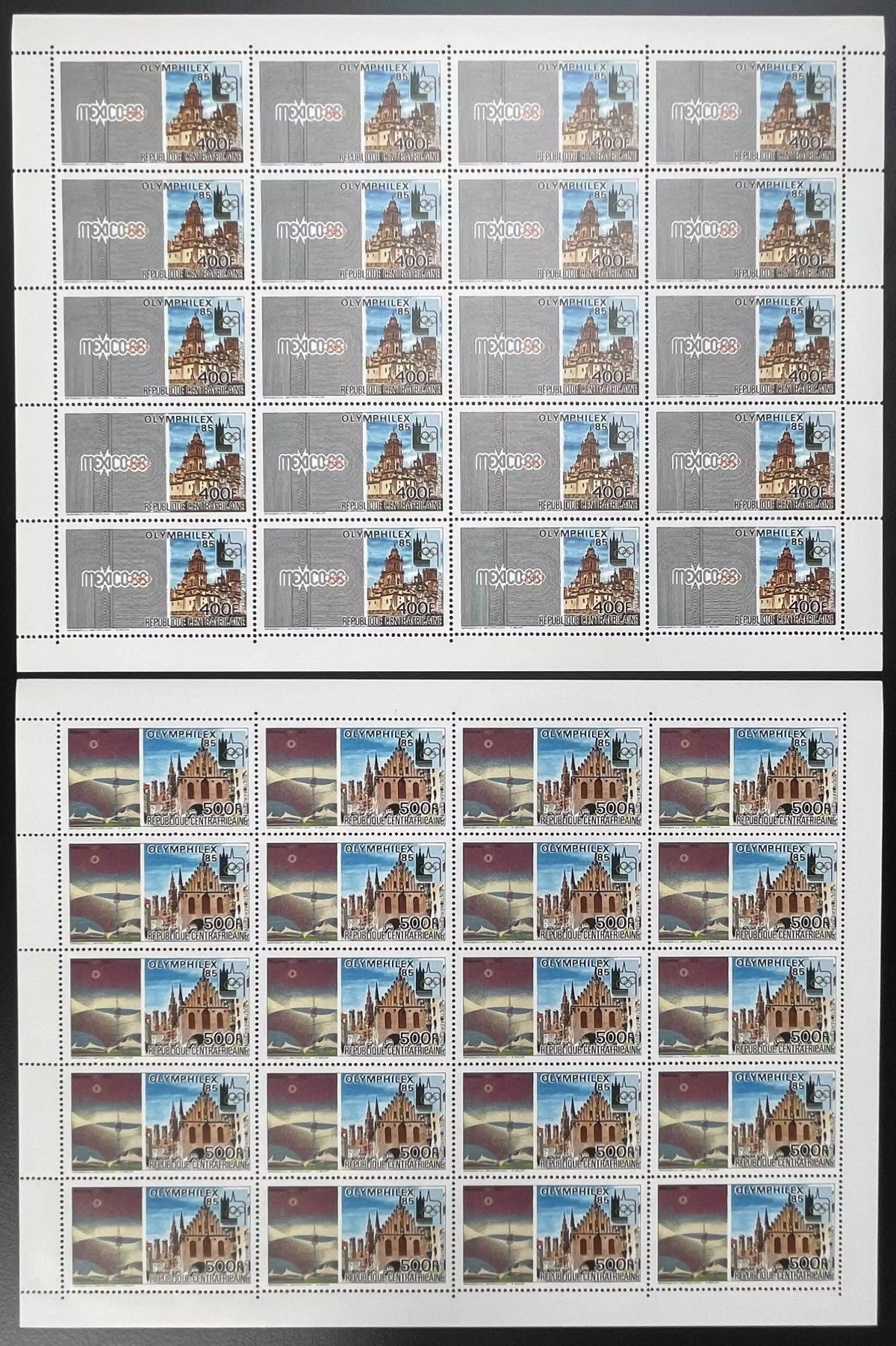 Central African 1985 YT PA 320-321 sheet OLYMPHILEX 85 Expo Olympics Mexico
