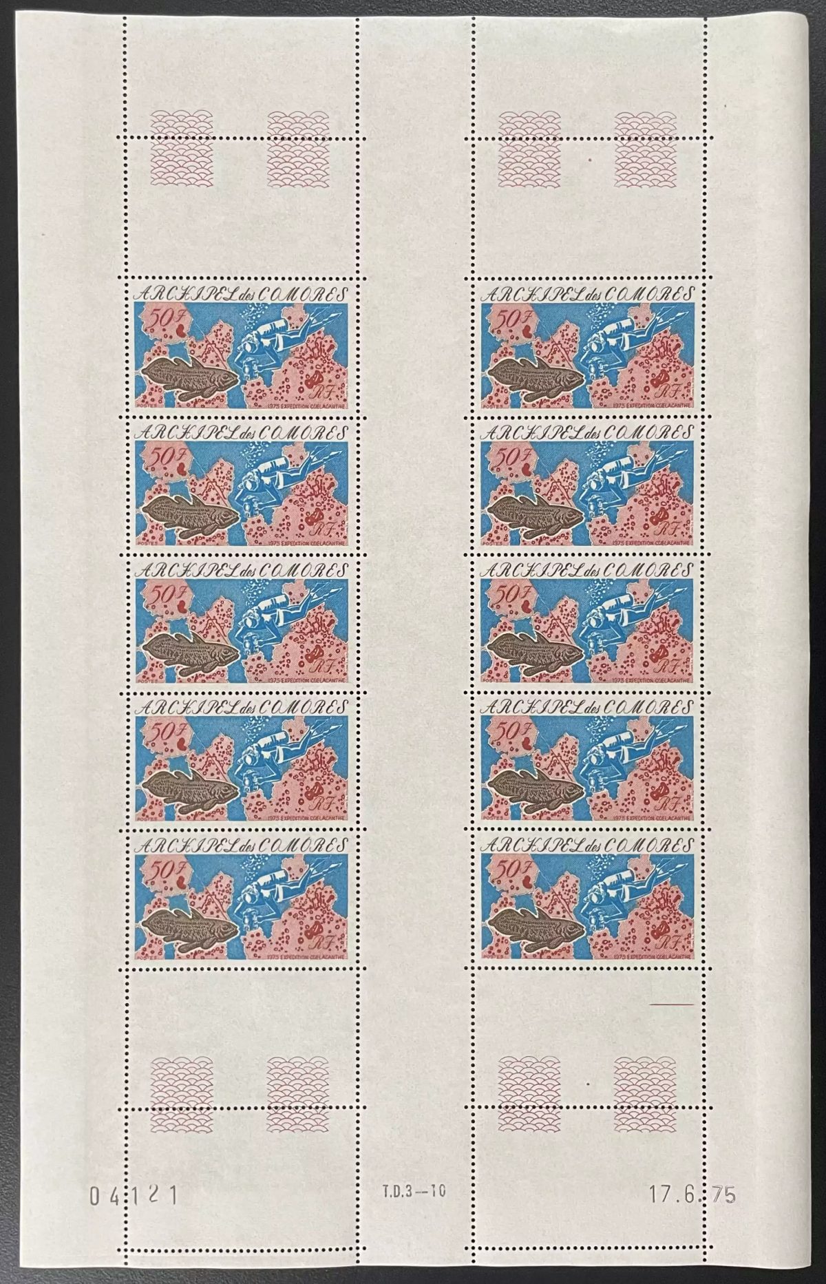 Comores 1975 YT 104 planche expédition coelacanthe plongée faune marine poissons