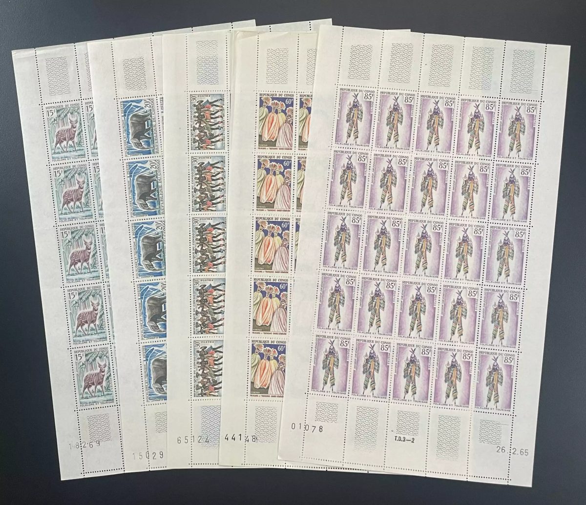 Congo 1964-1965 YT 162-166 planche folklore tourisme faune antilope éléphant