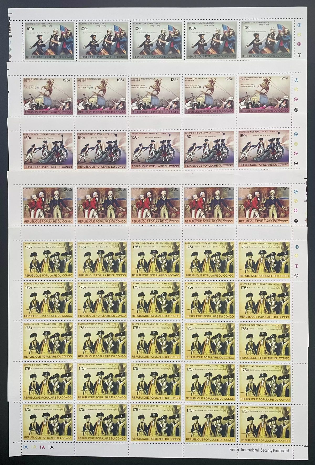 Congo 1976 YT 432-436 planche bicentenaire USA indépendance guerre États-Unis