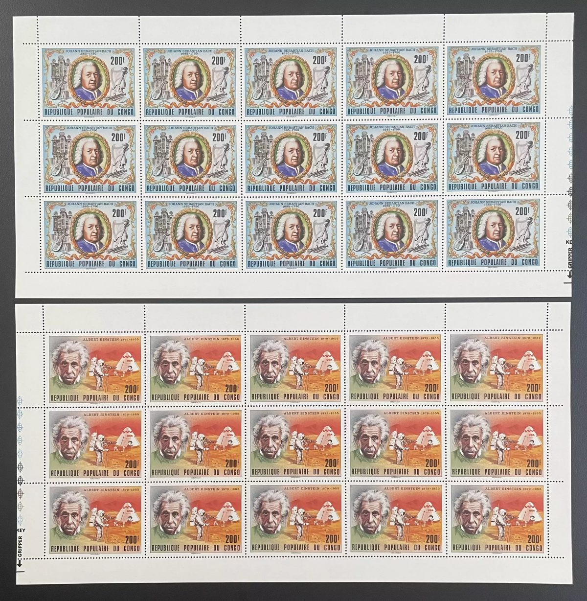Congo 1979 YT 554-555 planche Bach Albert Einstein musique physique science