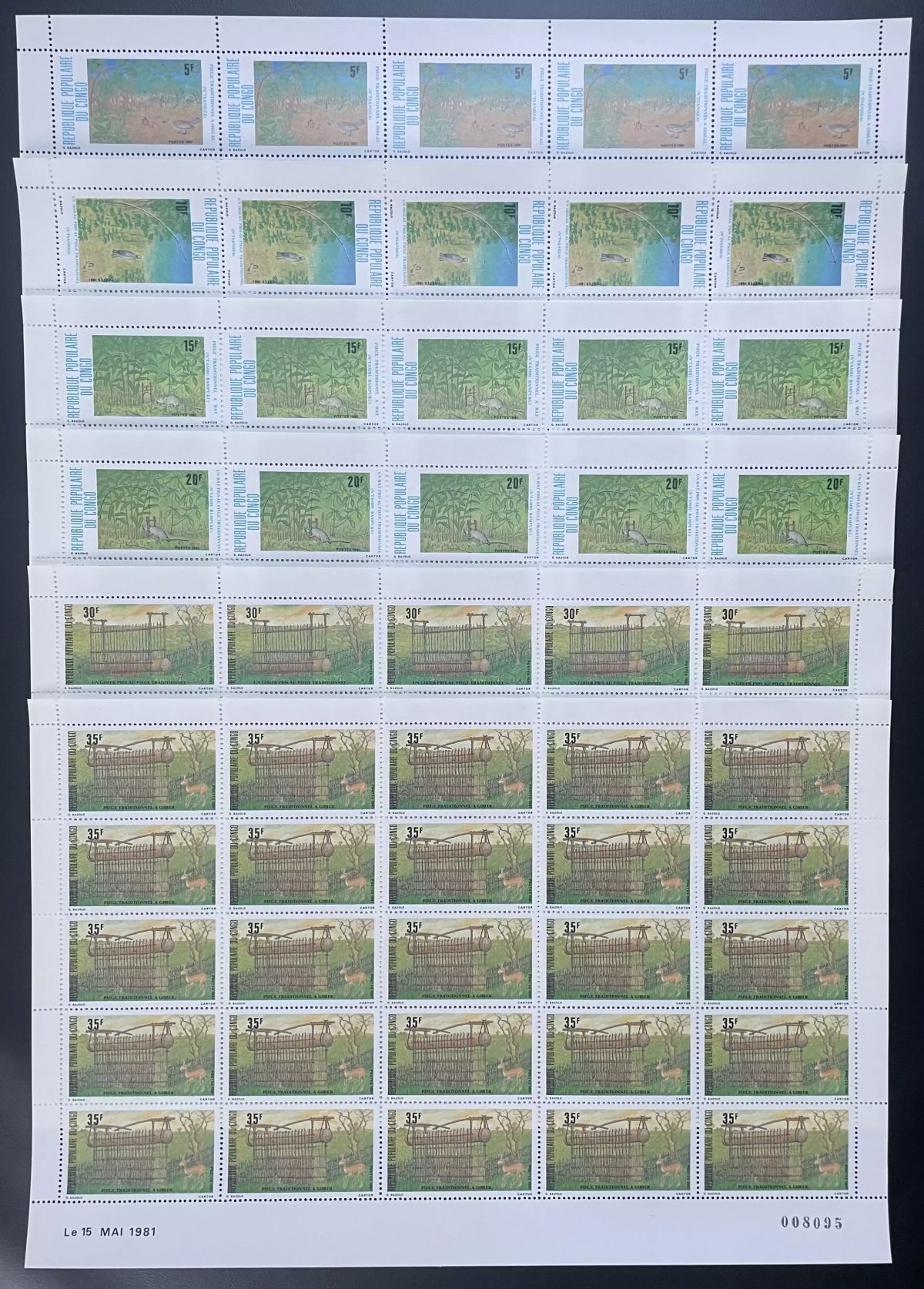 Congo 1981 YT 623-628 planche pièges animaux oiseaux rats gibier gazelle faune