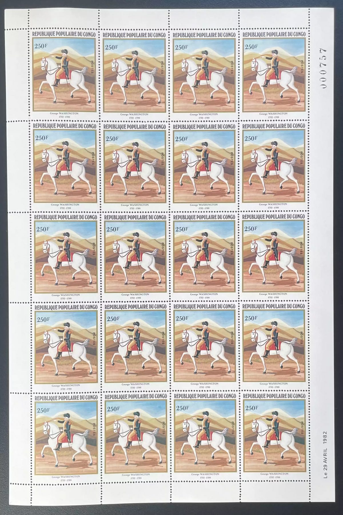 Congo 1982 YT 668 planche George Washington cheval militaire uniforme histoire