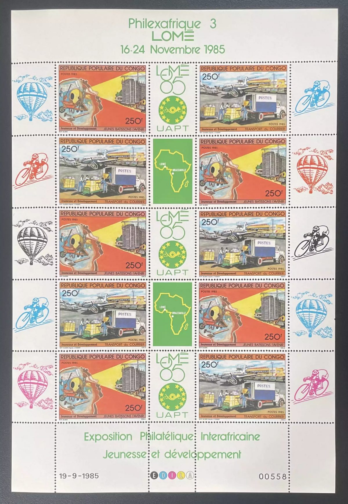 Congo 1985 YT 763A planche Philexafrique exposition courrier avion vélo