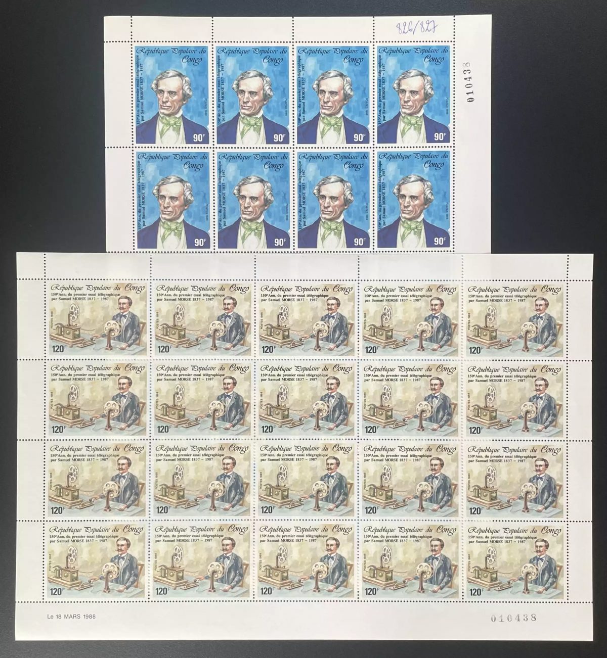 Congo 1988 YT 826-827 planche Abraham Lincoln president Samuel Morse telegraphe