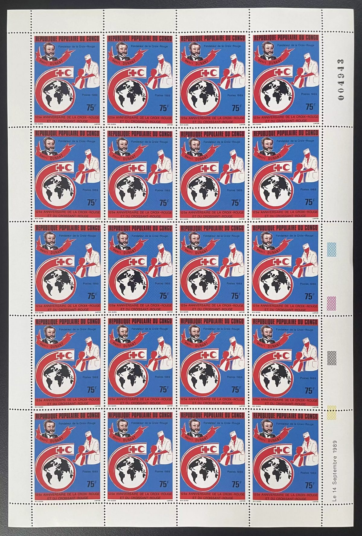 Congo 1989 YT 845 planche Croix-Rouge Henri Dunant médecine santé humanitaire