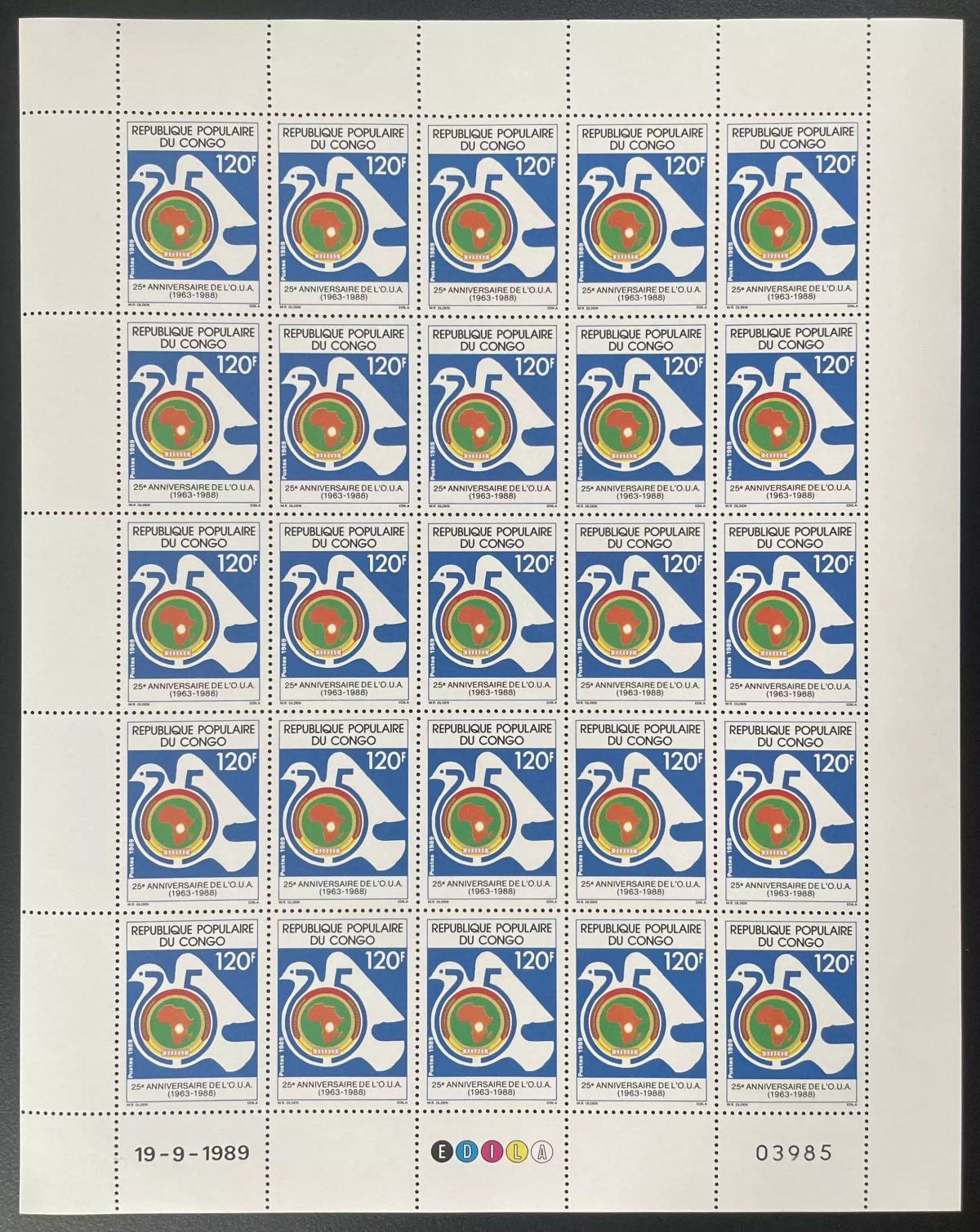 Congo 1989 YT 846 planche 25e anniversaire OUA organisation unite africaine