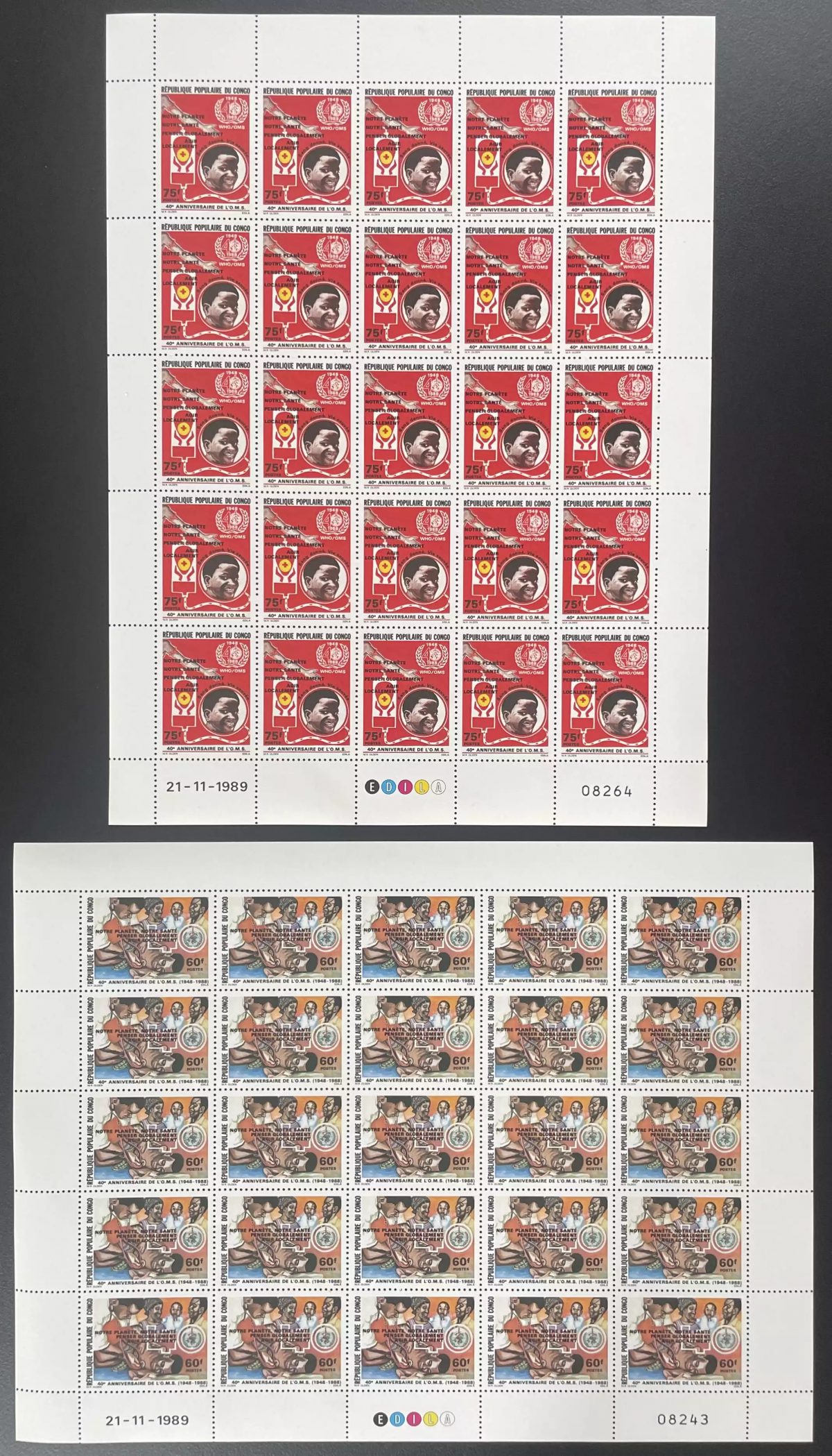 Congo 1989 YT 853-854 surcharge planche OMS WHO santé médecine anniversaire