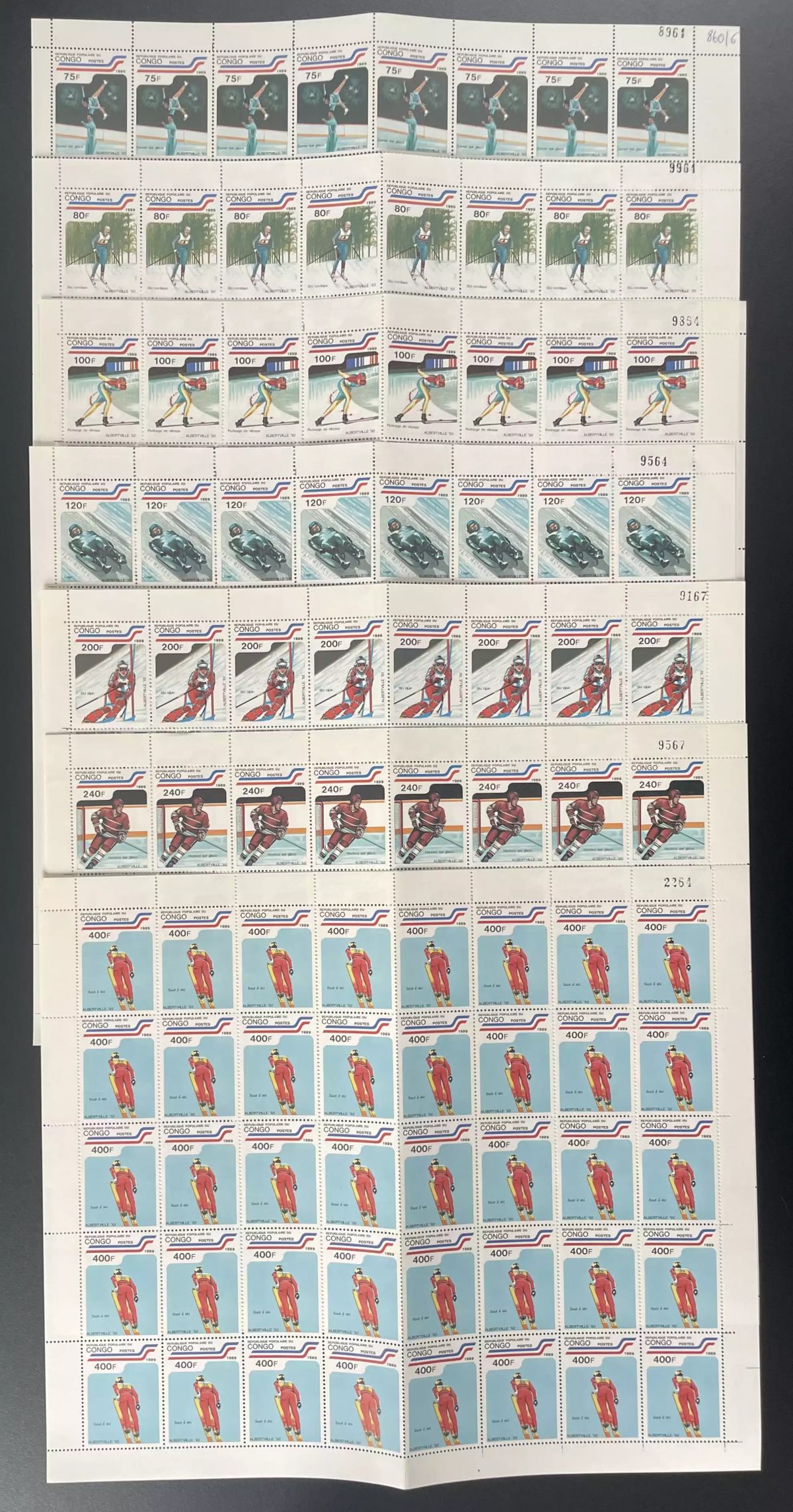 Congo 1989 YT 860-866 planche Jeux olympiques Albertville ski biathlon bobsleigh