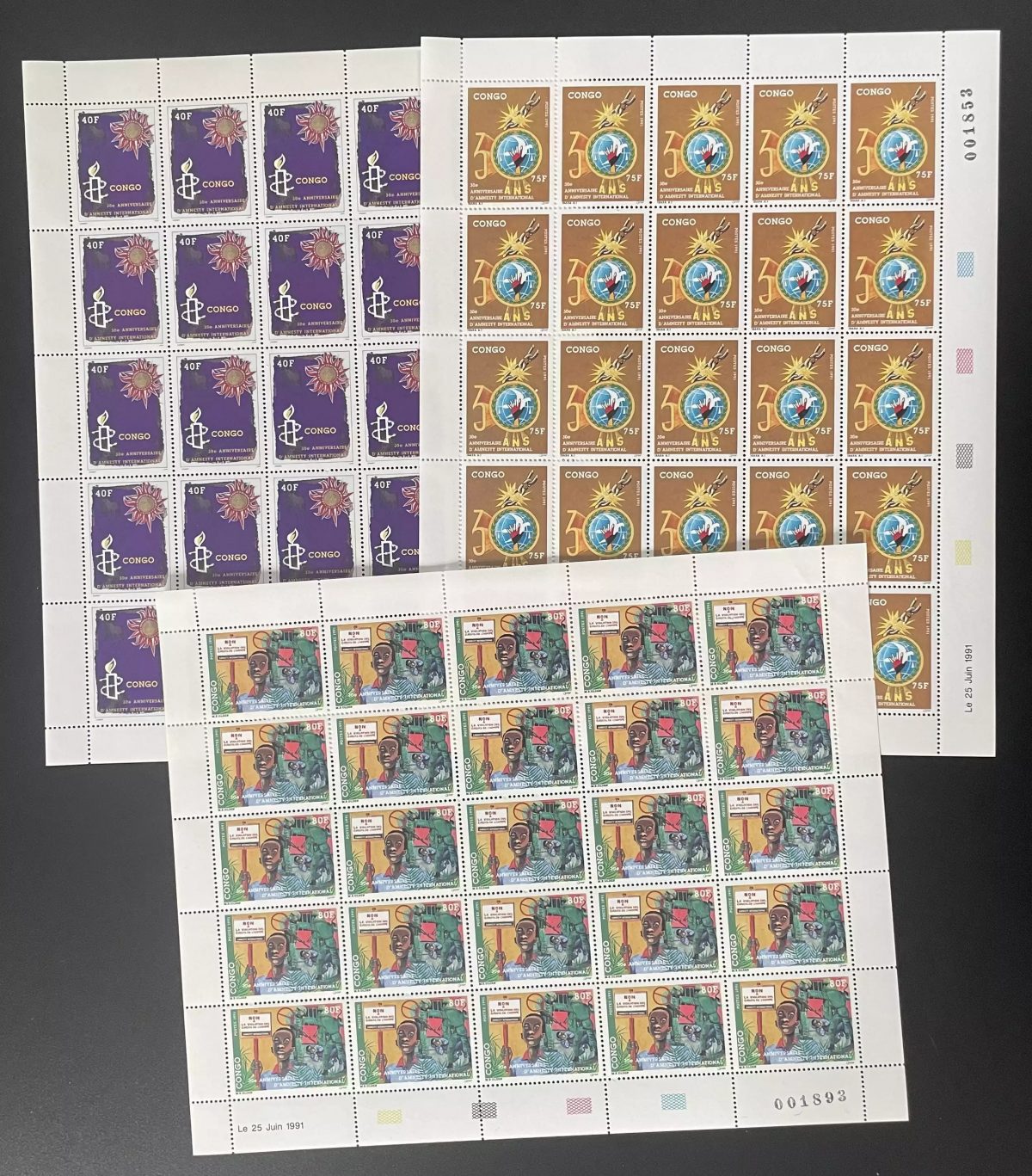 Congo 1991 YT 916-918 planche Amnesty International droits humains anniversaire