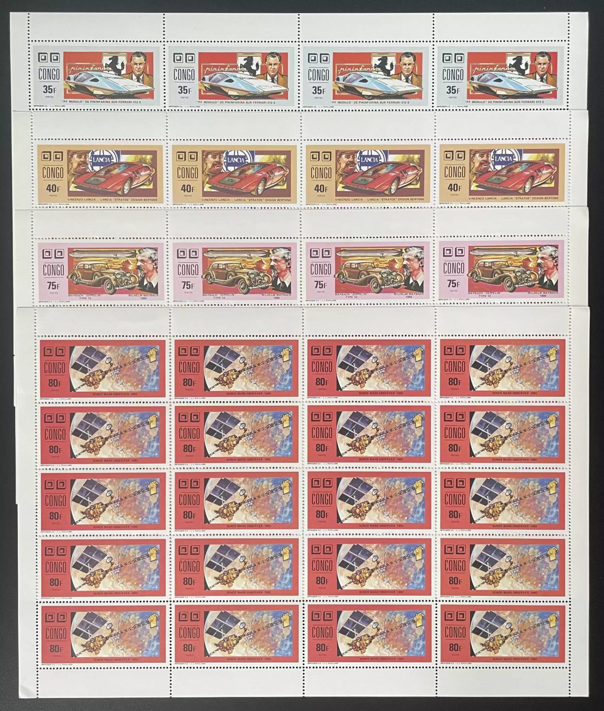 Congo 1991 YT 929-932 planche voiture espace Ferrari Lancia Maybach Mars