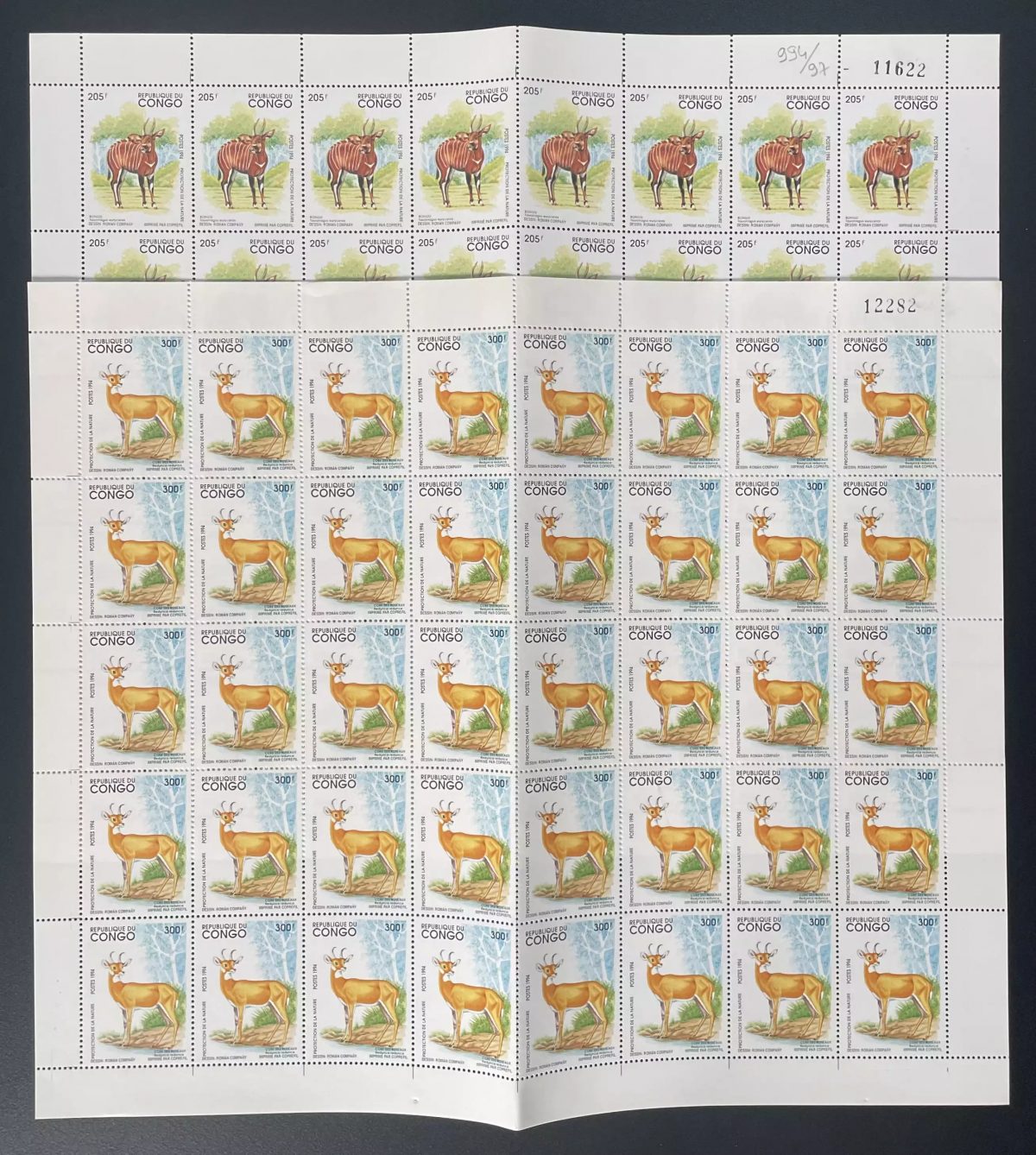 Congo 1994 YT 996-997 planche faune antilope bongo kob protection nature