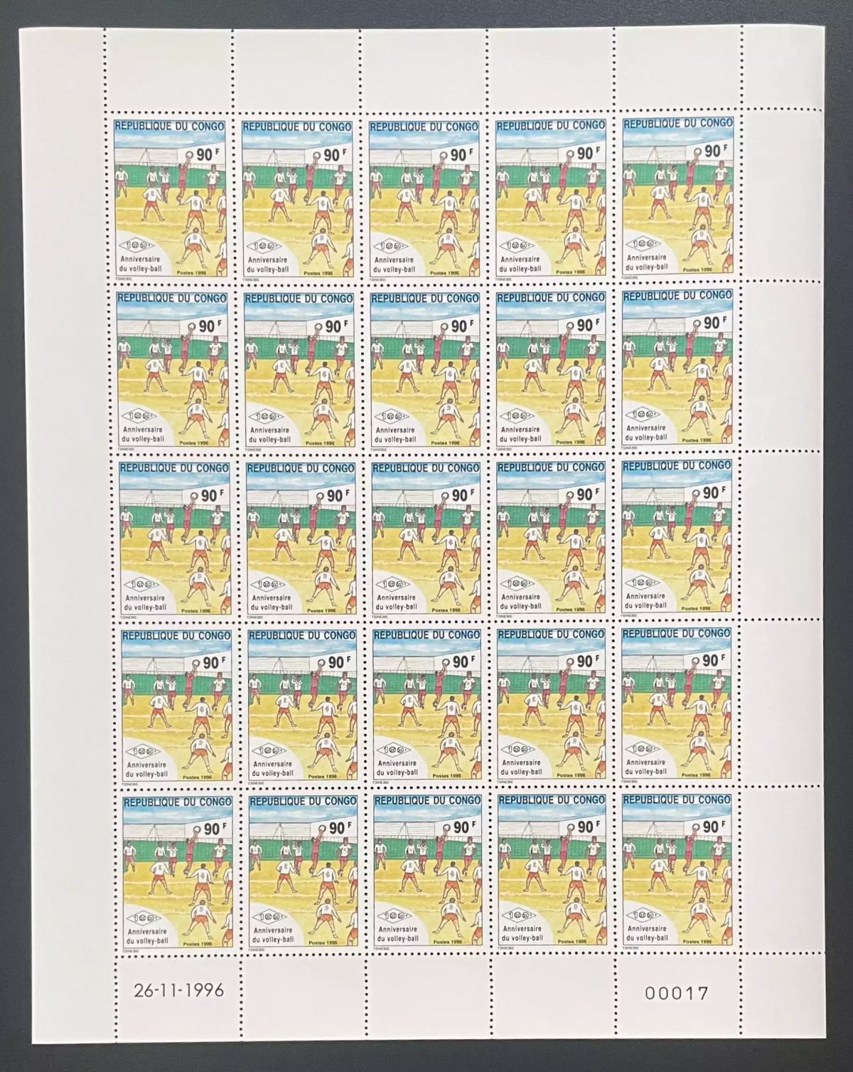Congo 1996 YT 1028 planche volley-ball sport anniversaire joueurs équipe