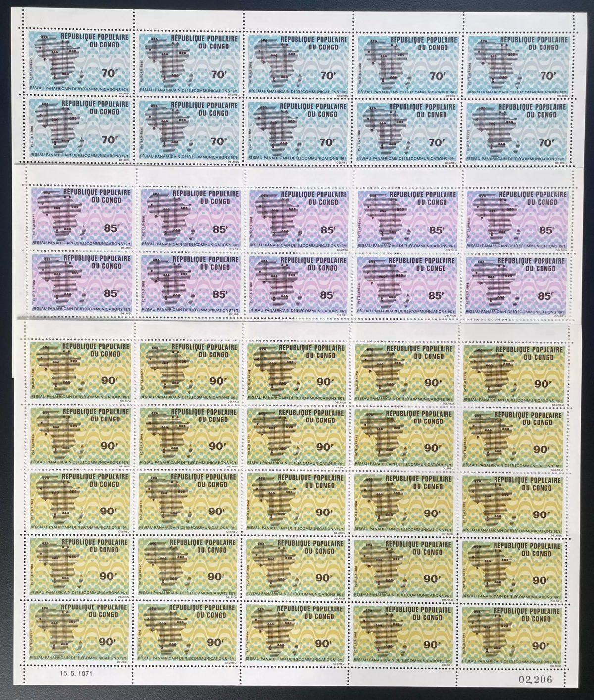 Congo 1971 YT PA 118-120 planche telecommunications satellite réseau panafricain