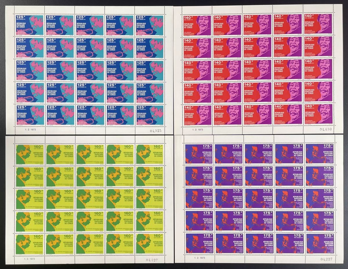 Congo 1973 YT PA 146-149 planche musiciens noirs jazz Coltrane Davis Fitzgerald