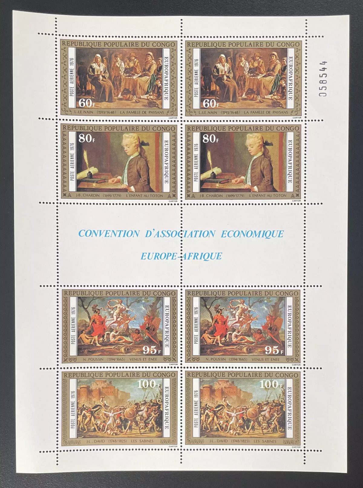 Congo 1976 YT PA 222-225 planche Europafrique peinture Chardin Poussin David