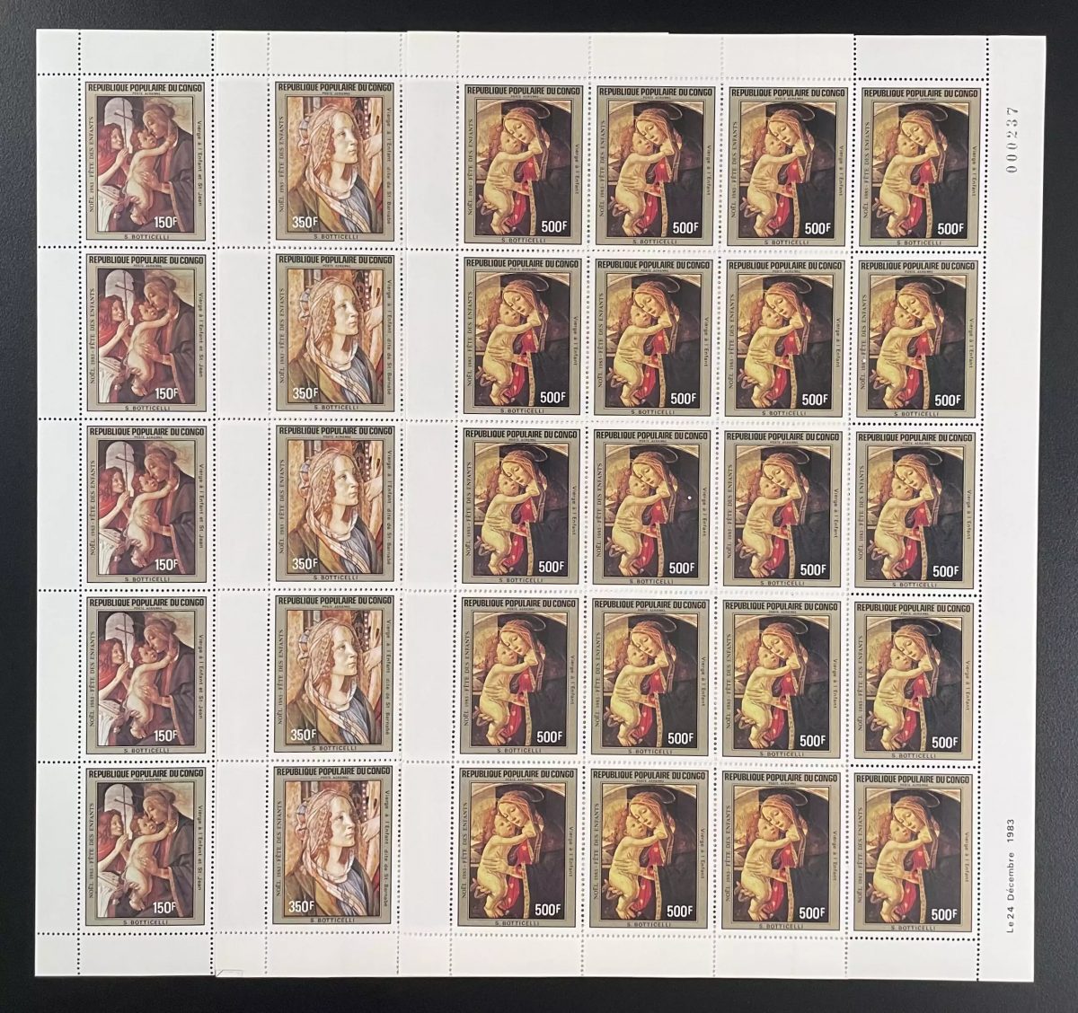 Congo 1984 YT PA 312-314 planche Noël Botticelli Vierge Enfant Madonna