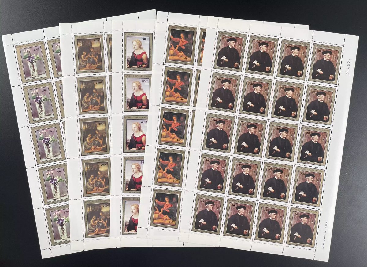 Congo 1984 YT PA 315-319 planche Raphaël peinture Madonna Manet fleurs