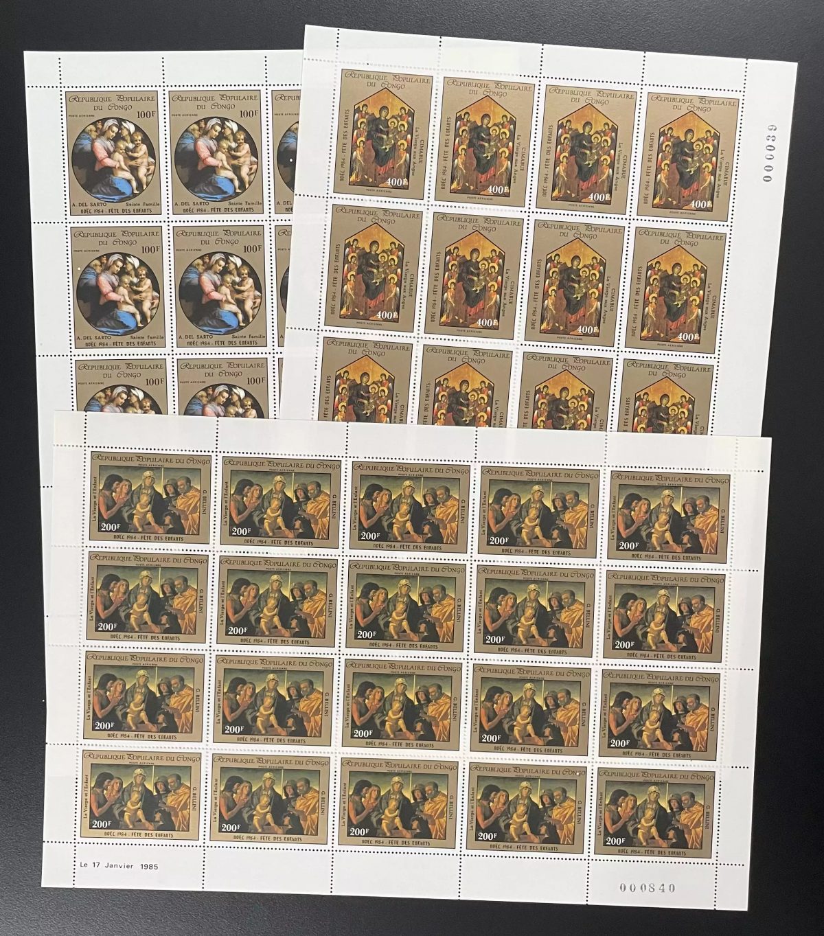 Congo 1985 YT PA 329-331 planche Noël Fête Enfants Vierge Madone Art tableaux
