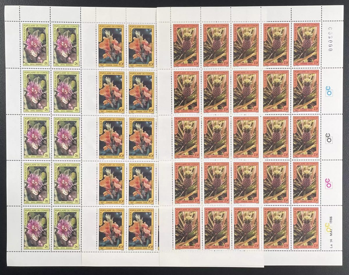 Congo 1986 YT Taxe 52-54 planche fleurs ananas flore botanique tropicale