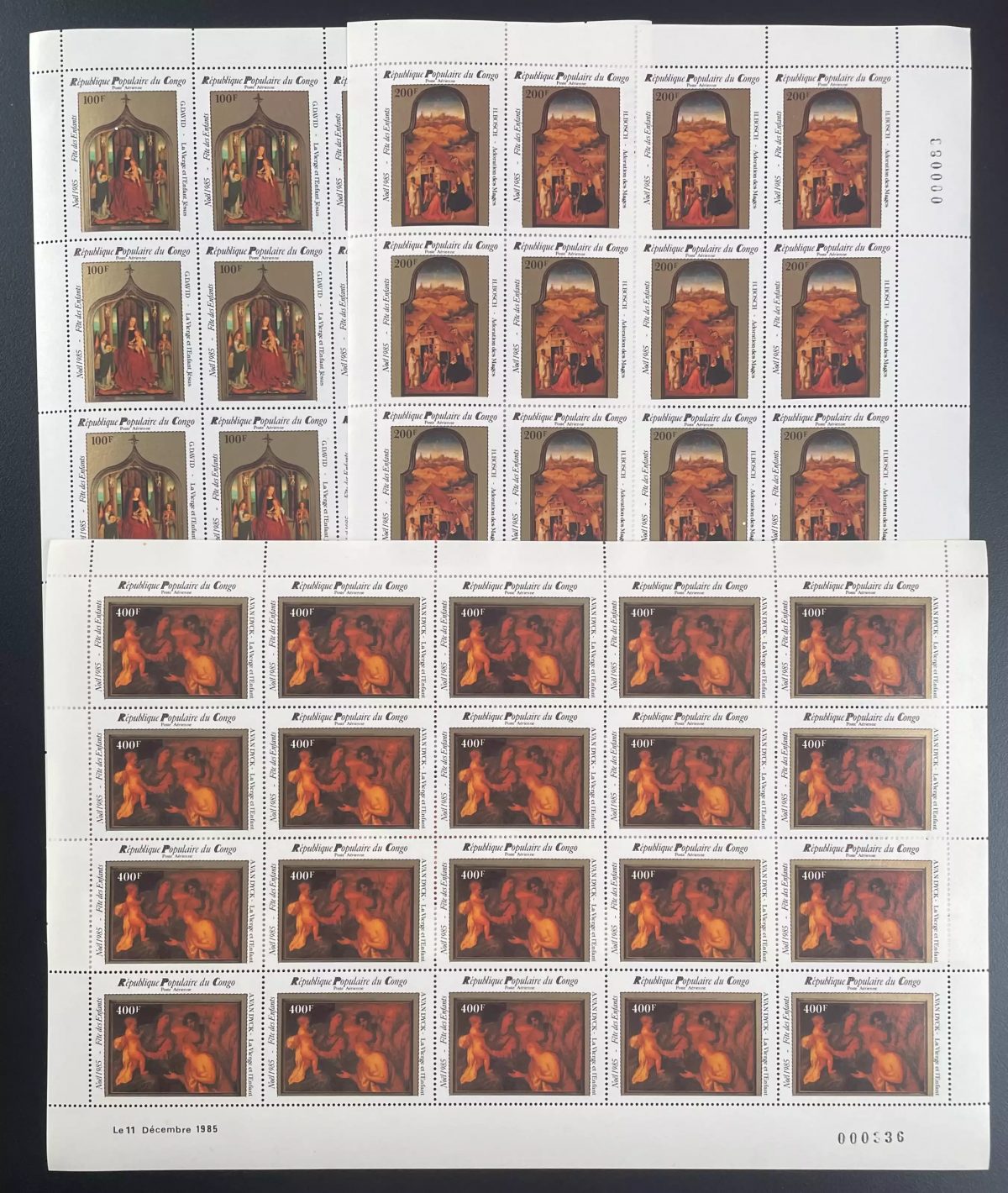 Congo 1985 YT PA 340-342 planche Noël peinture Memling Van Dyck art