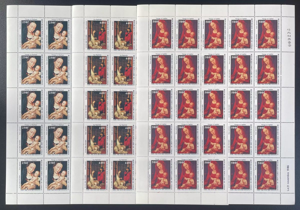Congo 1986 YT PA 358-360 planche Noël Vierge Enfant Nativité peinture