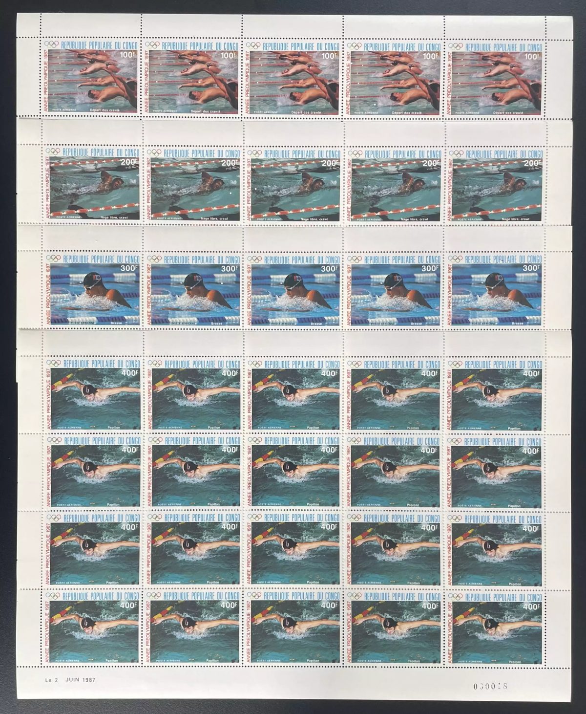 Congo 1987 YT 367-370 planche natation Jeux Olympiques Séoul swimming sports JO