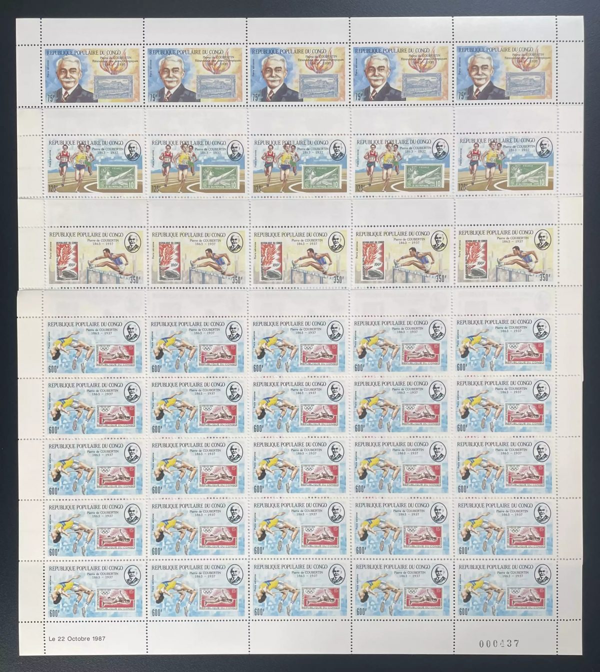 Congo 1987 YT PA 375-378 planche Pierre de Coubertin Jeux Olympiques Athlétisme
