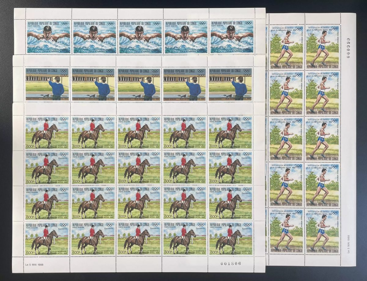 Congo 1988 YT PA 381-384 planche Jeux Olympiques Pentathlon Séoul équitation