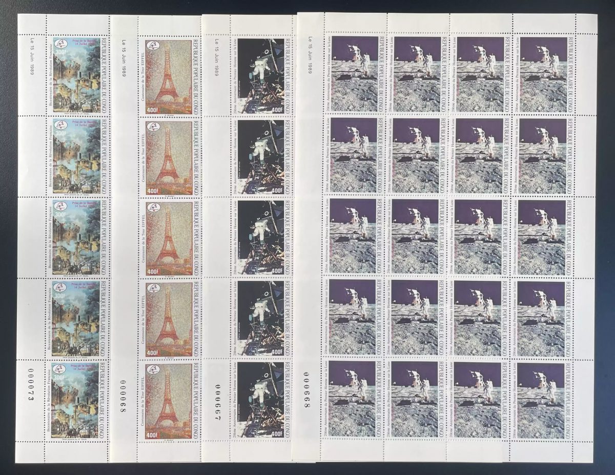 Congo 1989 YT PA 385-388 planche Bastille Tour Eiffel Apollo Lune Espace