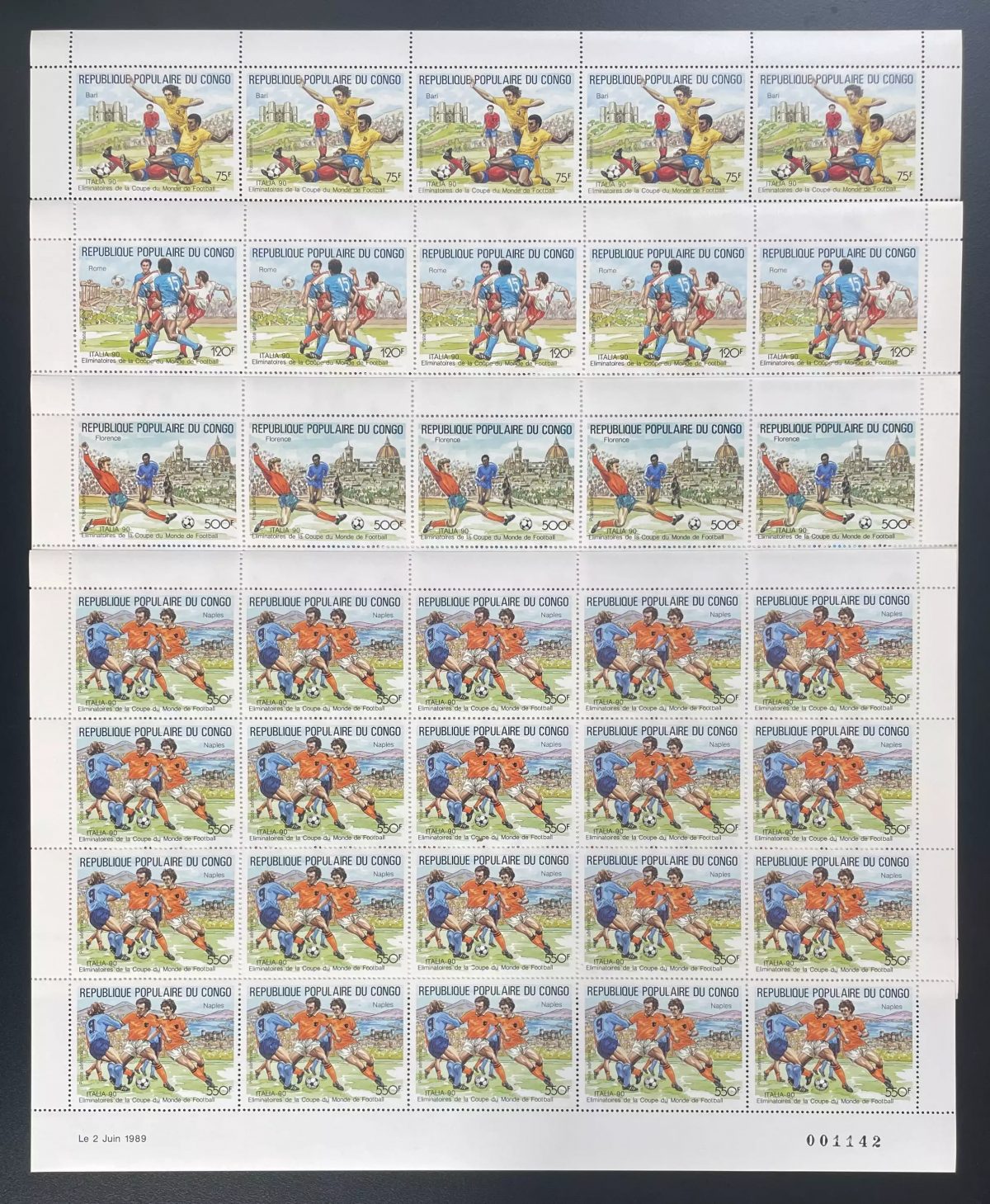 Congo 1989 YT PA 389-392 planche Italia 90 Football Coupe Monde Soccer FIFA