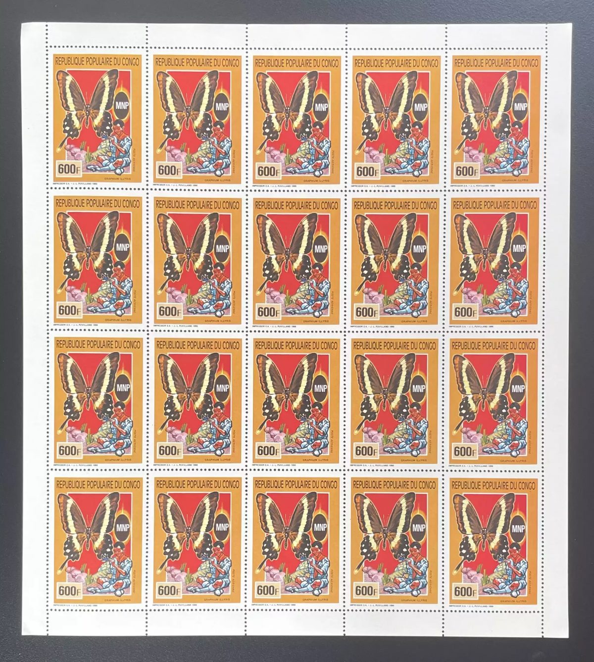 Congo 1990 YT PA 398 planche papillons faune insectes Graphium illyris scoutisme