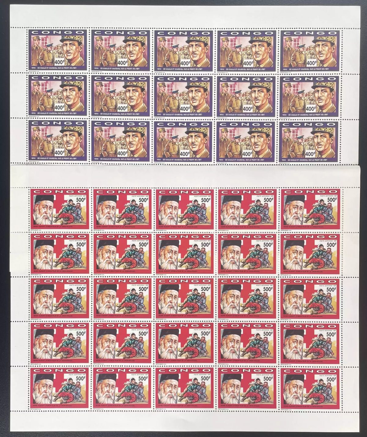 Congo 1991 YT PA 407-408 planche Général De Gaulle Churchill Croix-Rouge Dunant