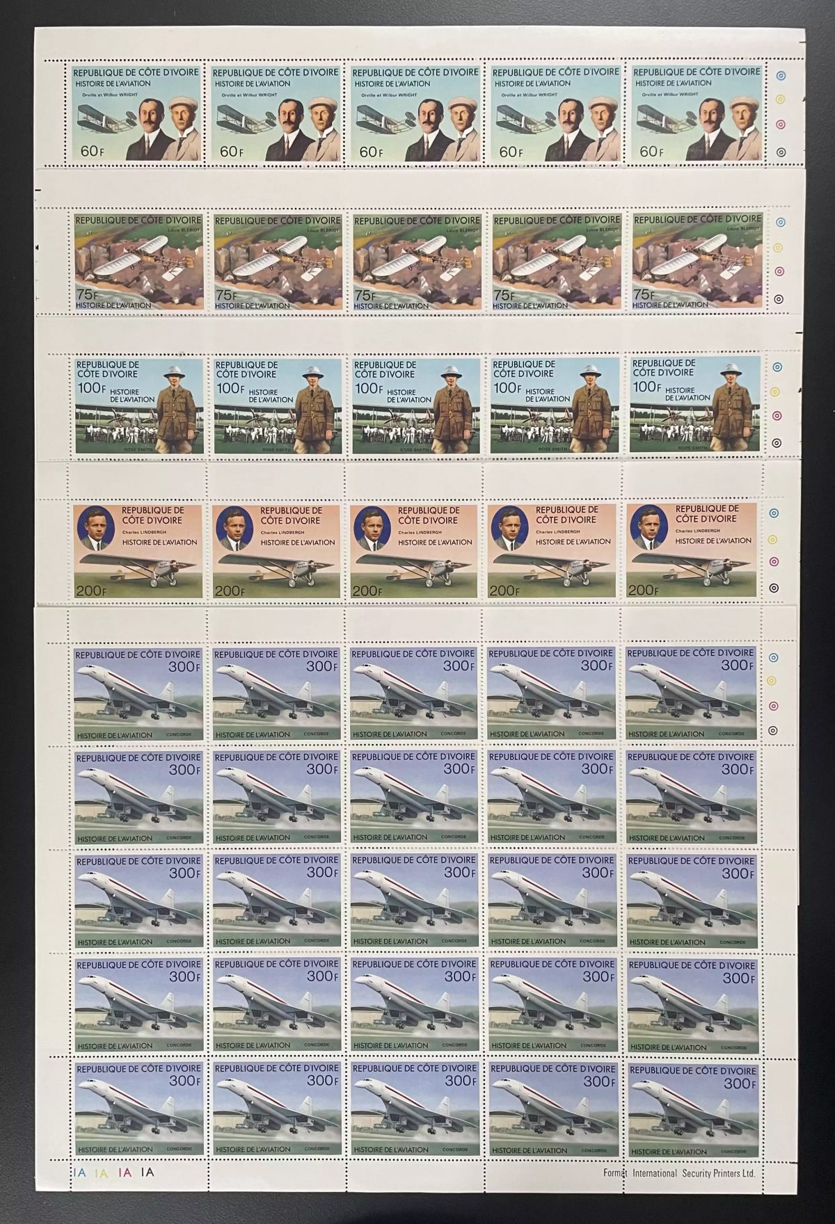 Ivory Coast 1977 YT 424-428 sheet aviation Wright Blériot Lindbergh Concorde