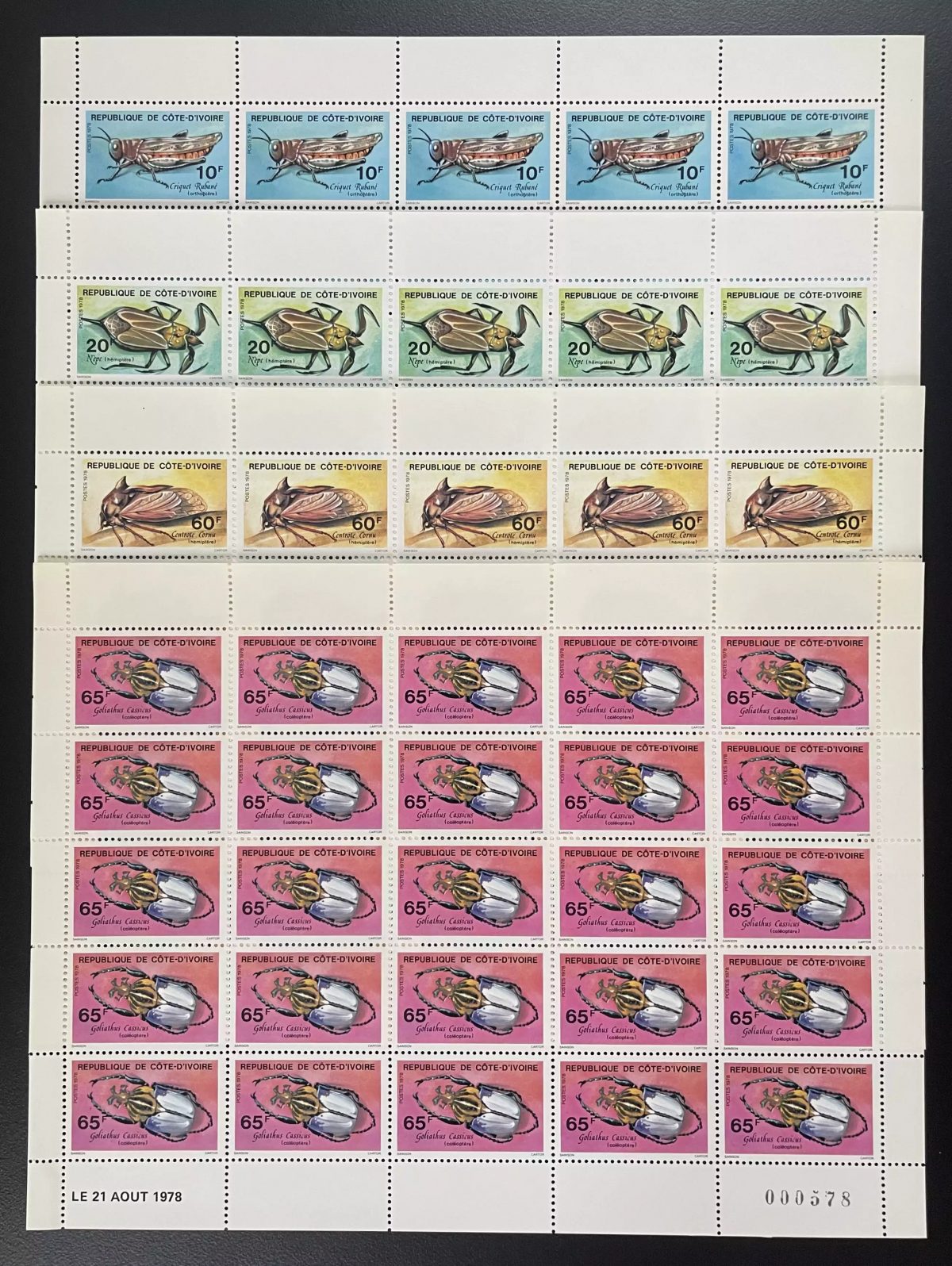 Elfenbeinküste 1978 YT 463-466 Insekten Heuschrecke Grille Käfer