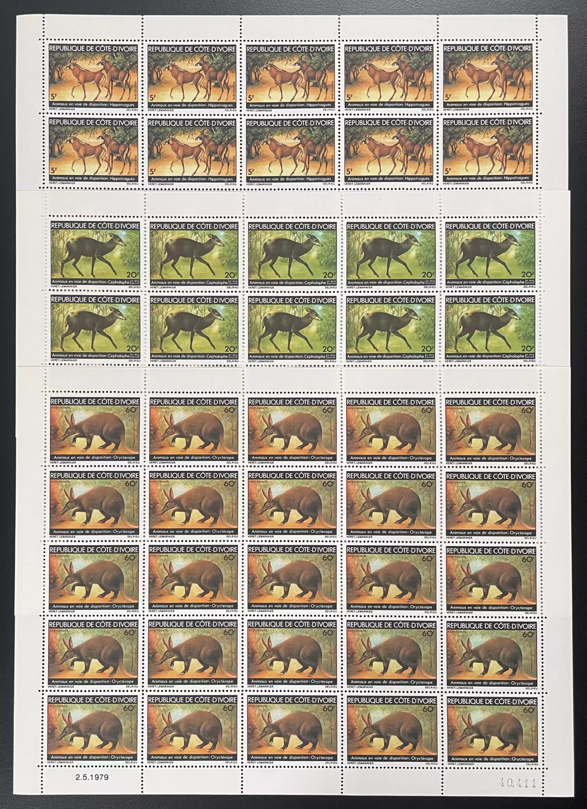 Elfenbeinküste 1979 YT 501-503 Bogen Fauna bedrohte Tiere Antilope
