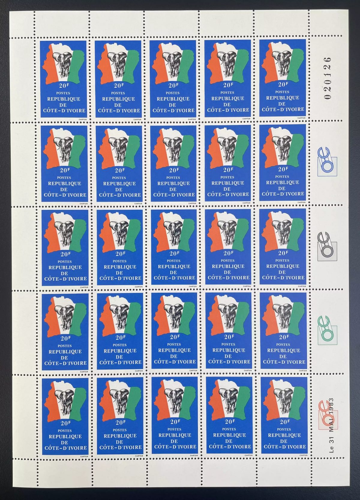 Côte d'Ivoire 1983 YT 666 planche éléphant carte drapeau flag map courante