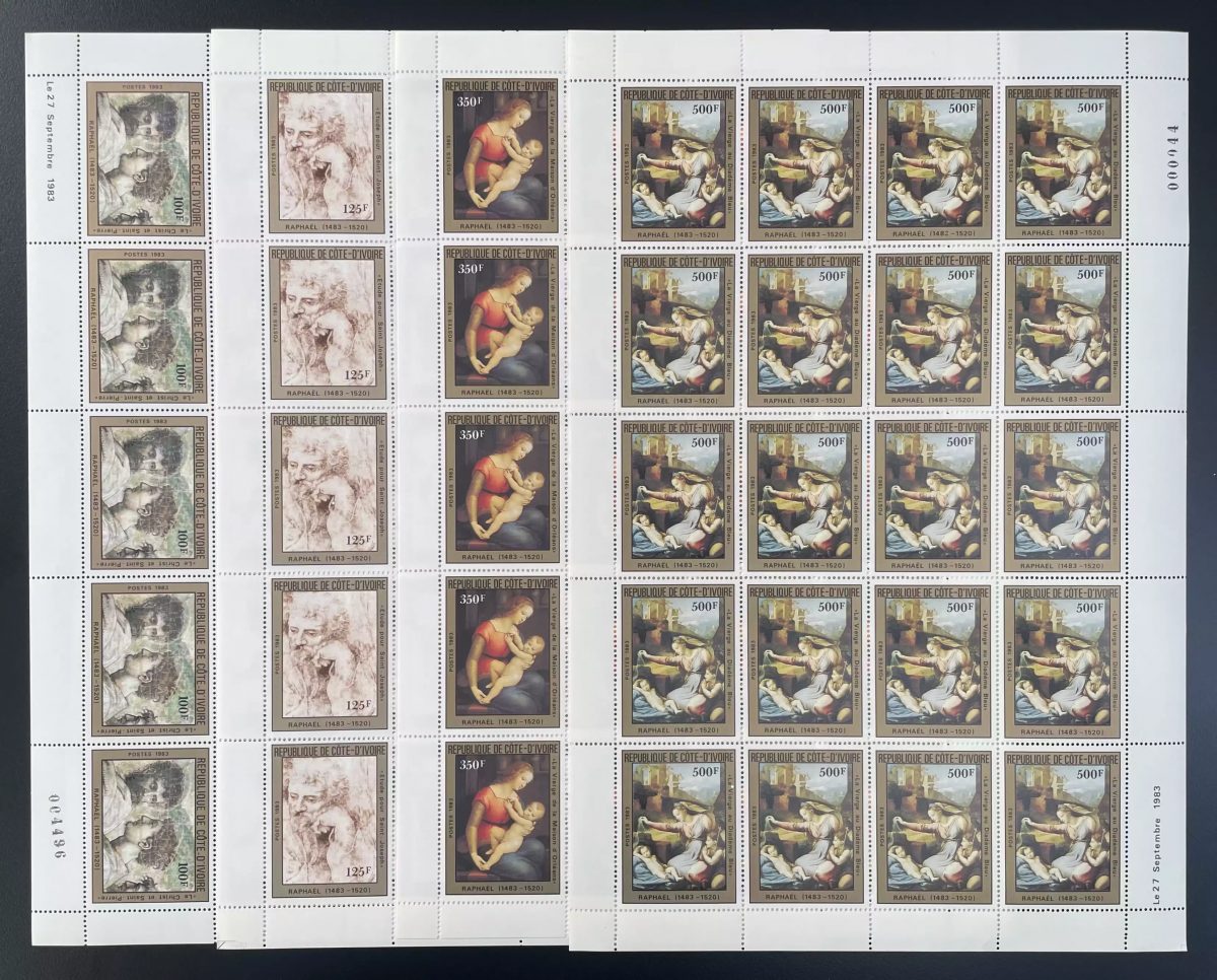 Côte d'Ivoire 1983 YT 671-674 planche Raphaël peinture Madone Renaissance