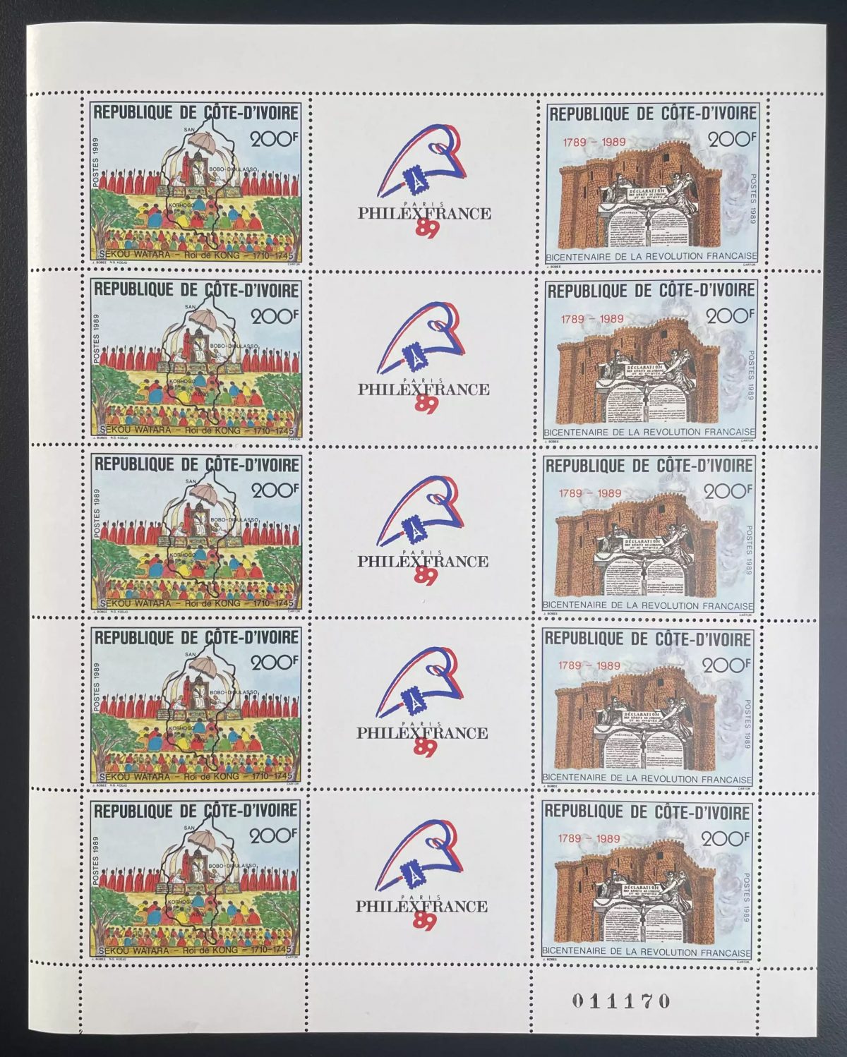 Côte d'Ivoire 1989 YT 832A planche Révolution française Bastille PhilexFrance