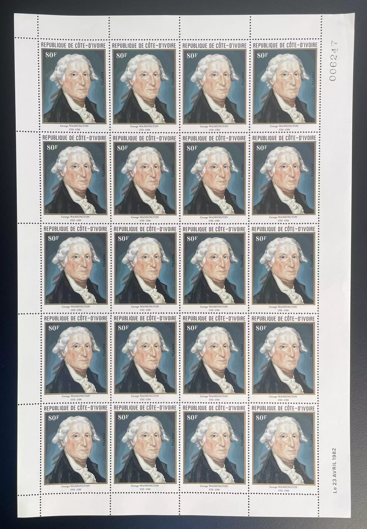 Côte d'Ivoire 1982 YT 608 planche George Washington président USA