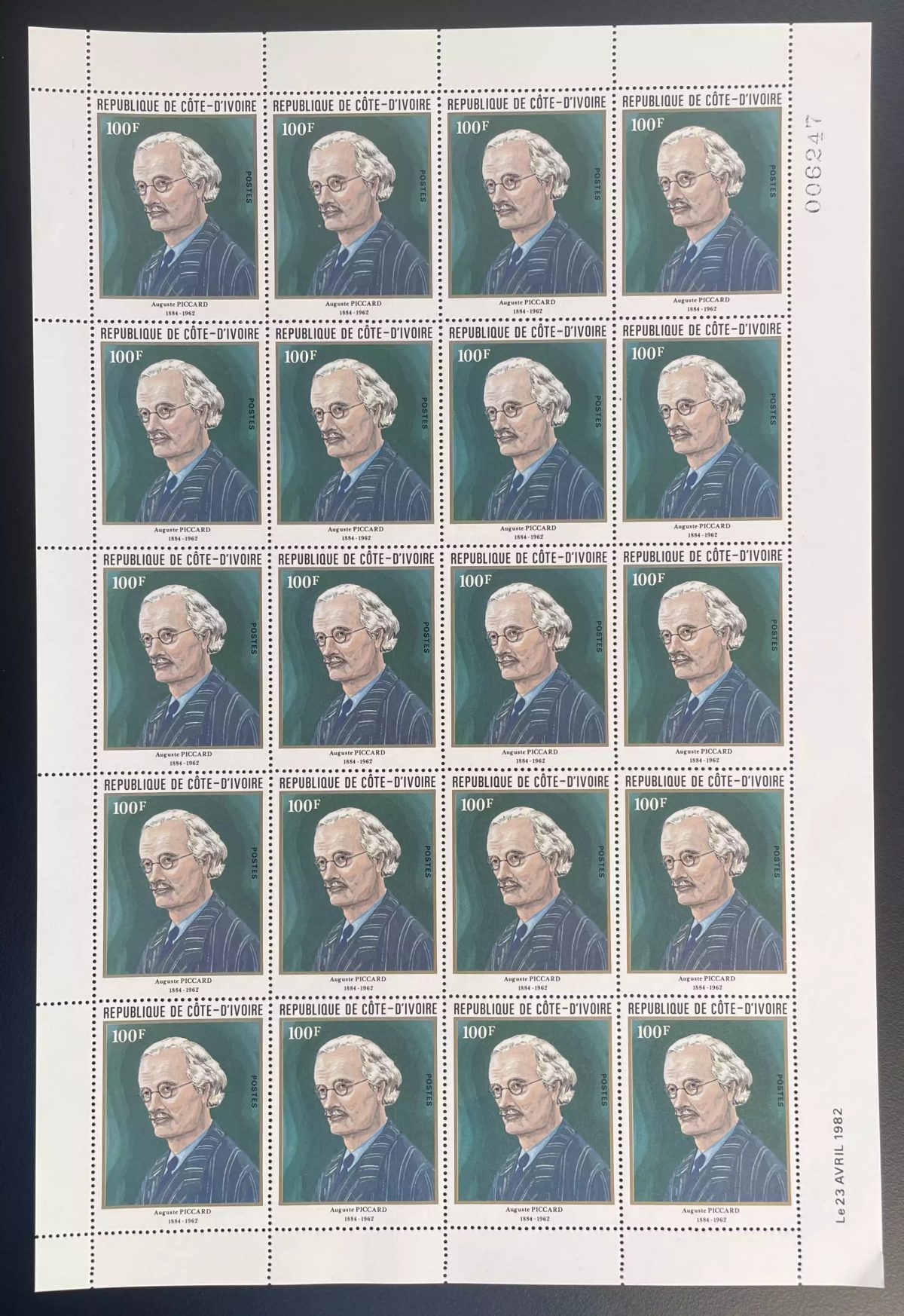 Côte d'Ivoire 1982 YT 609 planche Auguste Piccard physicien explorateur