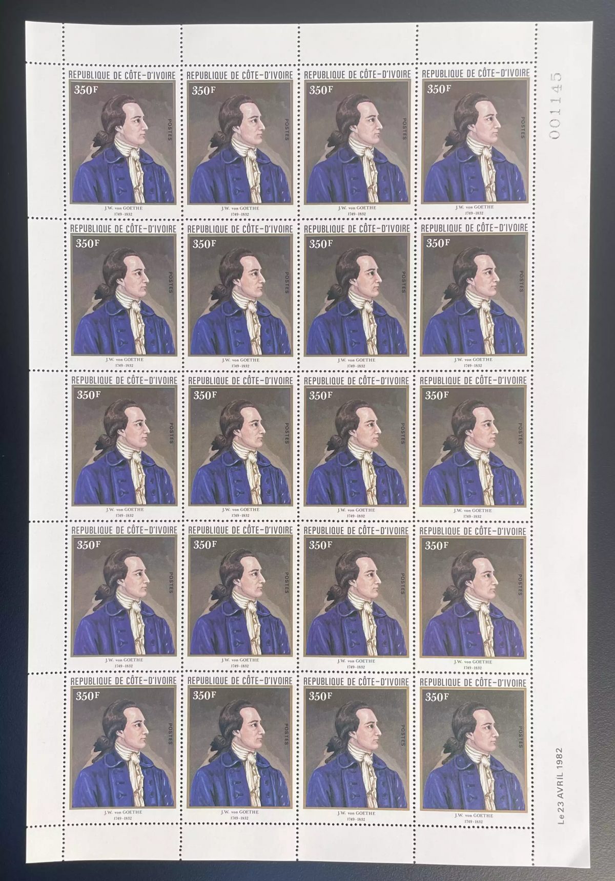 Côte d'Ivoire 1982 YT 610 planche JW Goethe poète écrivain allemand littérature