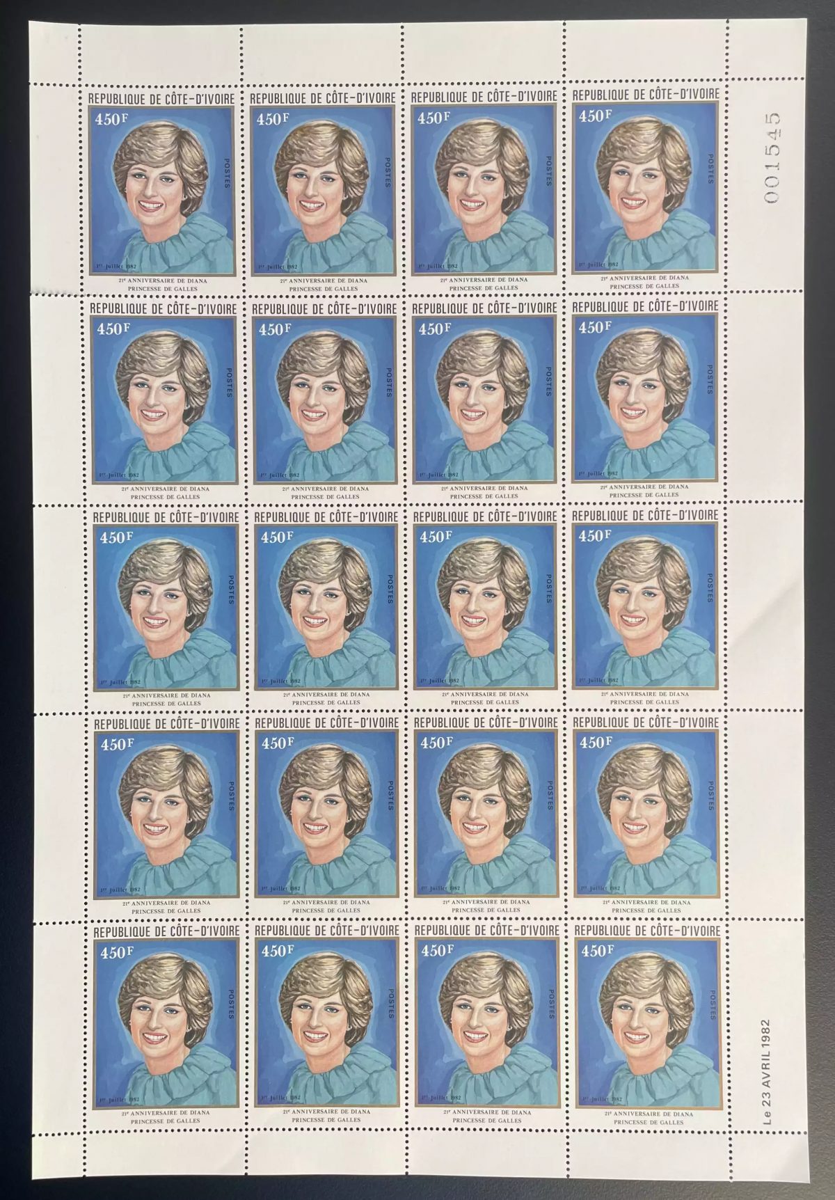 Côte d'Ivoire 1982 YT 611 planche Diana Spencer Princesse Galles Royalty