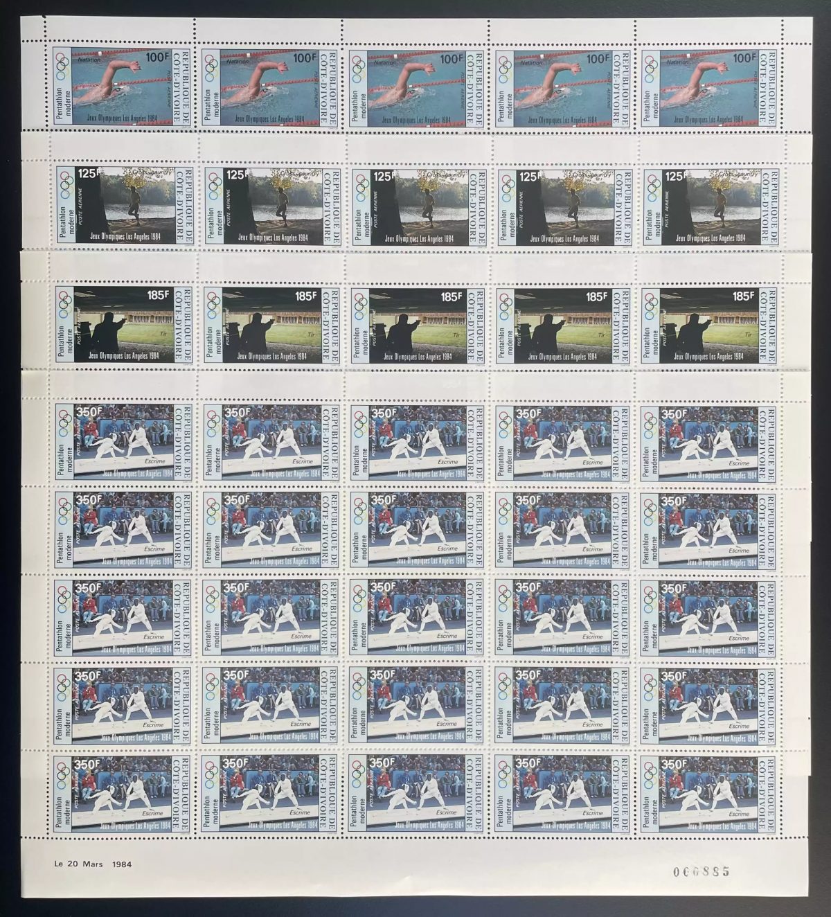 Côte d'Ivoire 1984 YT PA 86-89 planche Jeux Olympiques Los Angeles pentathlon