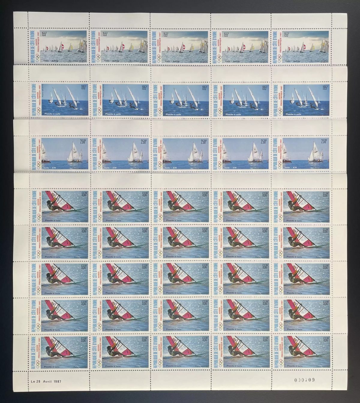 Côte d'Ivoire 1987 YT PA 113-116 planche voile sailing Jeux Olympiques Séoul