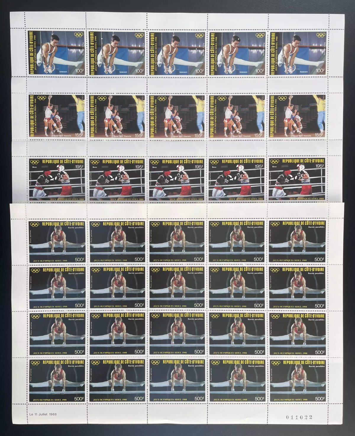 Côte d'Ivoire 1988 YT PA 117-120 planche Jeux Olympiques Séoul boxe gymnastique