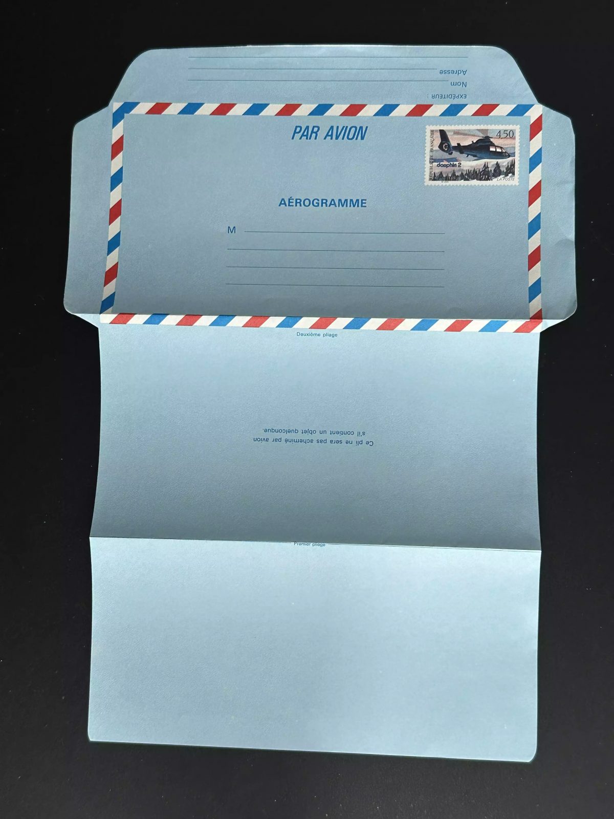 Aerogram France 4.50F Dauphin 2 Helicopter by airplane new La Poste